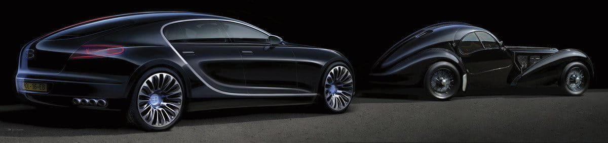 Vista lateral de la silueta del Bugatti Galibier en un ambiente nocturno.