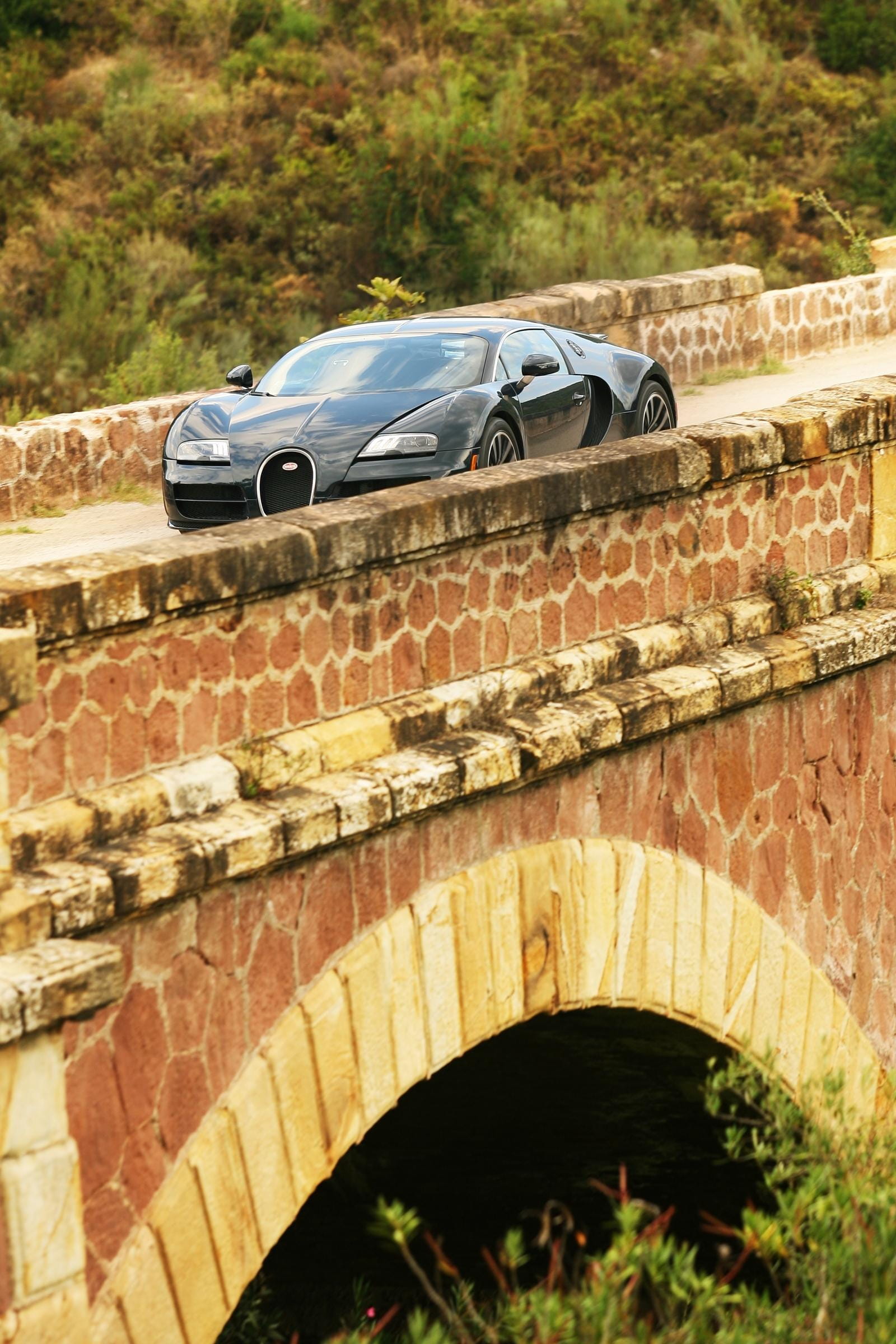 Vista lateral de un Bugatti Veyron aparcado, mostrando su línea aerodinámica.