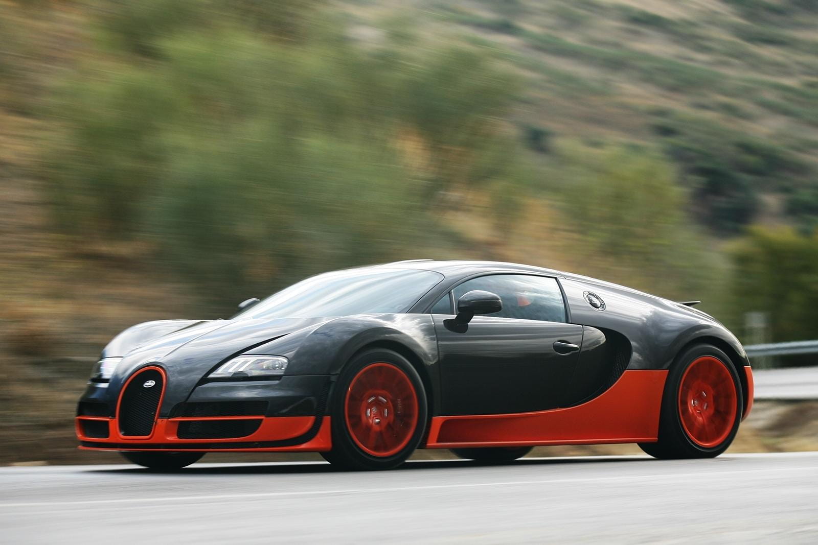 Bugatti Veyron captado en acción, mostrando su perfil lateral.