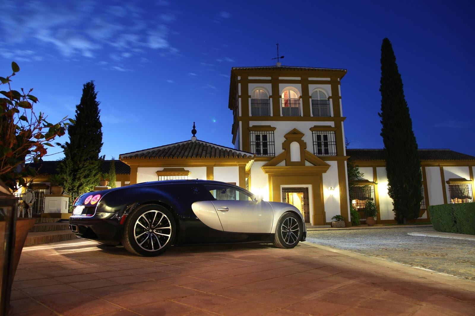 Vista lateral de un Bugatti Veyron aparcado en una residencia por la noche.