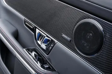 Vista del panel de puerta con acabados en fibra de carbono y sistema de sonido.
