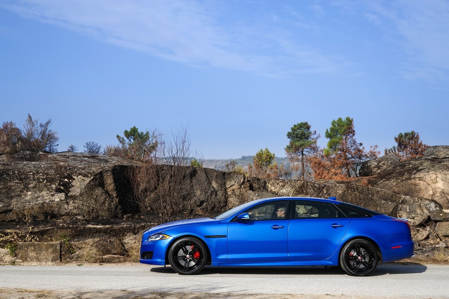 Vista lateral del Jaguar XJ en color azul metálico, realzando su diseño aerodinámico.