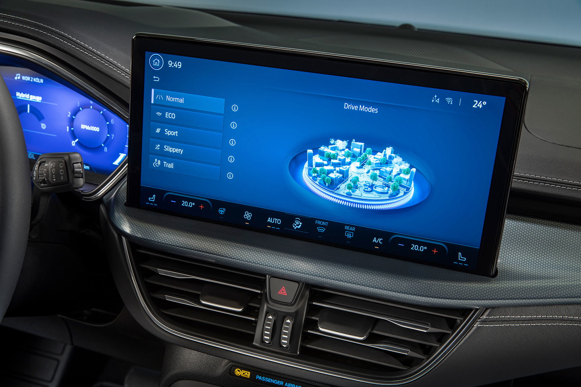 Vista del sistema de infotainment SYNC del Ford Focus, con gráficos nítidos.