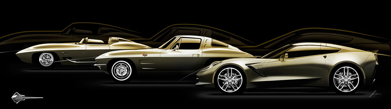 Vista lateral de un Corvette clásico en color dorado, destacando sus líneas estilizadas.