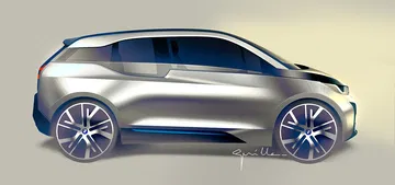 Vista dinámica lateral del BMW i3, destacando su diseño futurista.