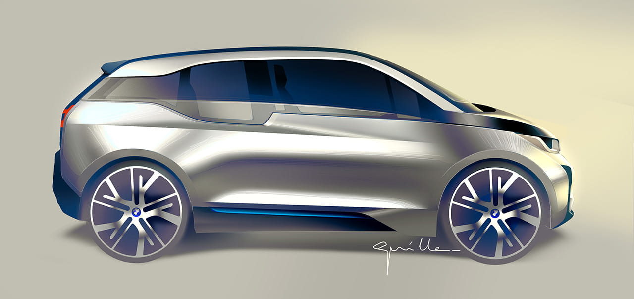 Vista dinámica lateral del BMW i3, destacando su diseño futurista.