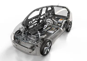 Vista del chasis de carbono del BMW i3, mostrando su construcción ligera y robusta.