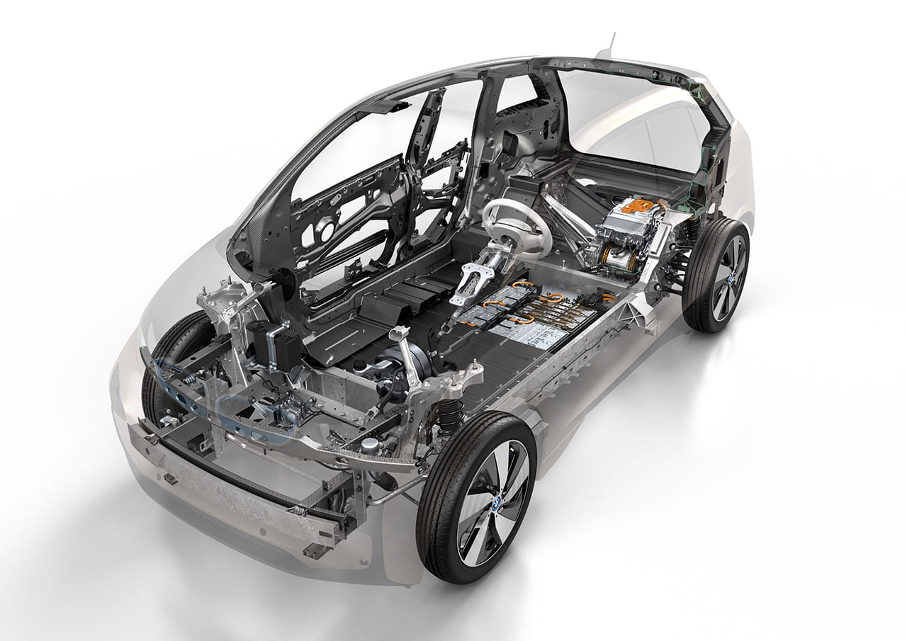 Vista del chasis de carbono del BMW i3, mostrando su construcción ligera y robusta.