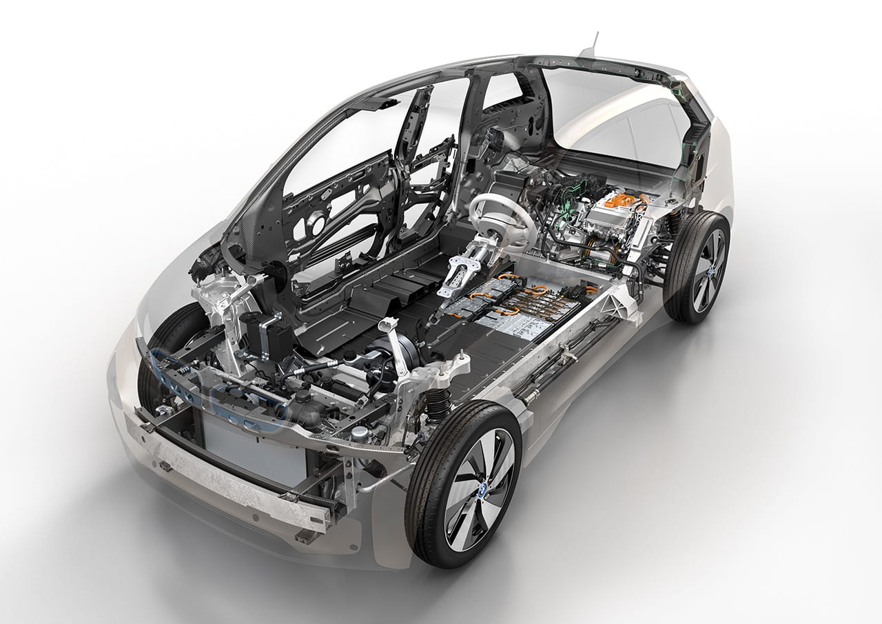 Vista de la estructura de carbono que reduce el peso del BMW i3.