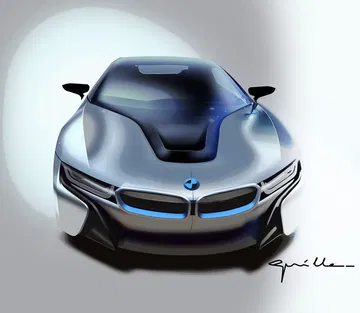Vista delantera del BMW i8 destacando su diseño futurista y emblemática parrilla.
