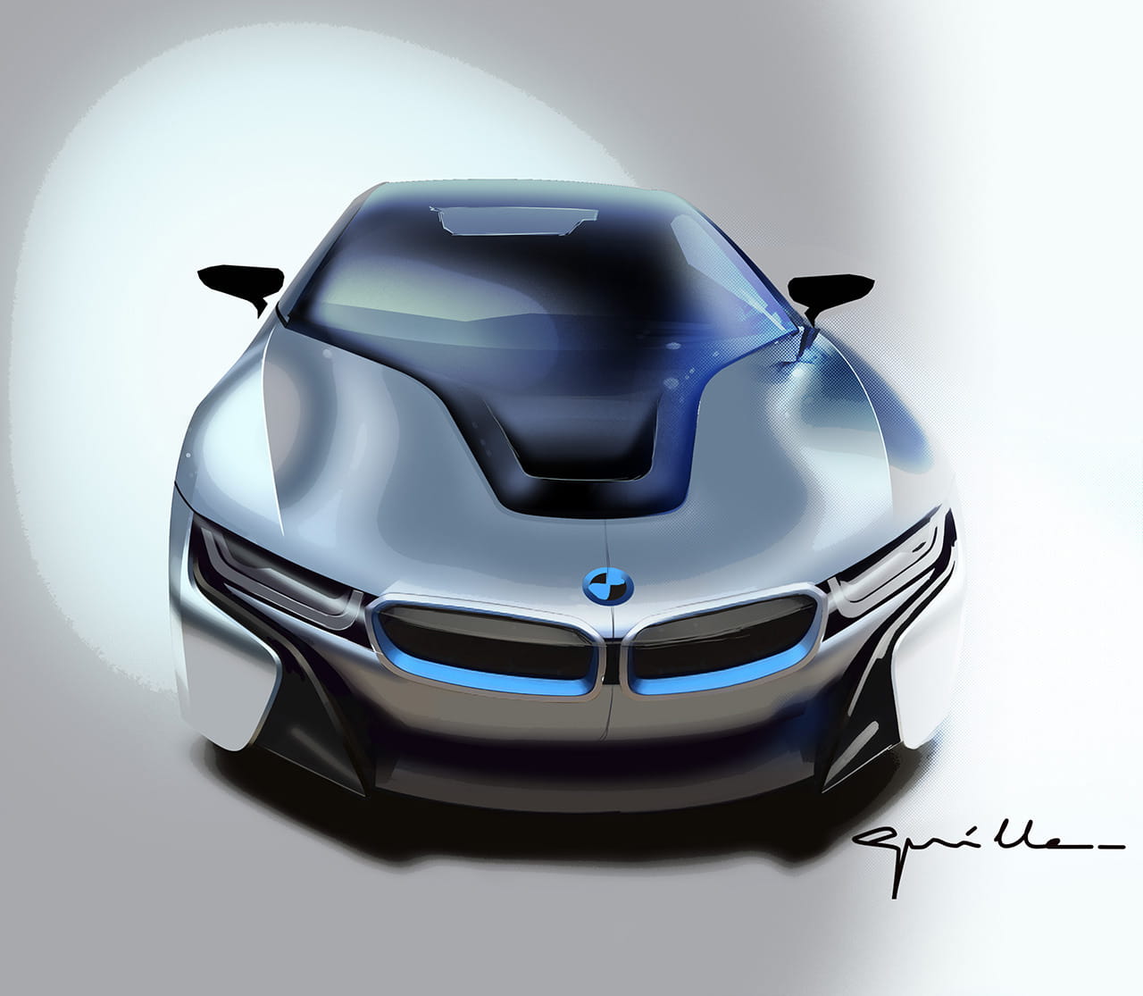 Vista delantera del BMW i8 destacando su diseño futurista y emblemática parrilla.