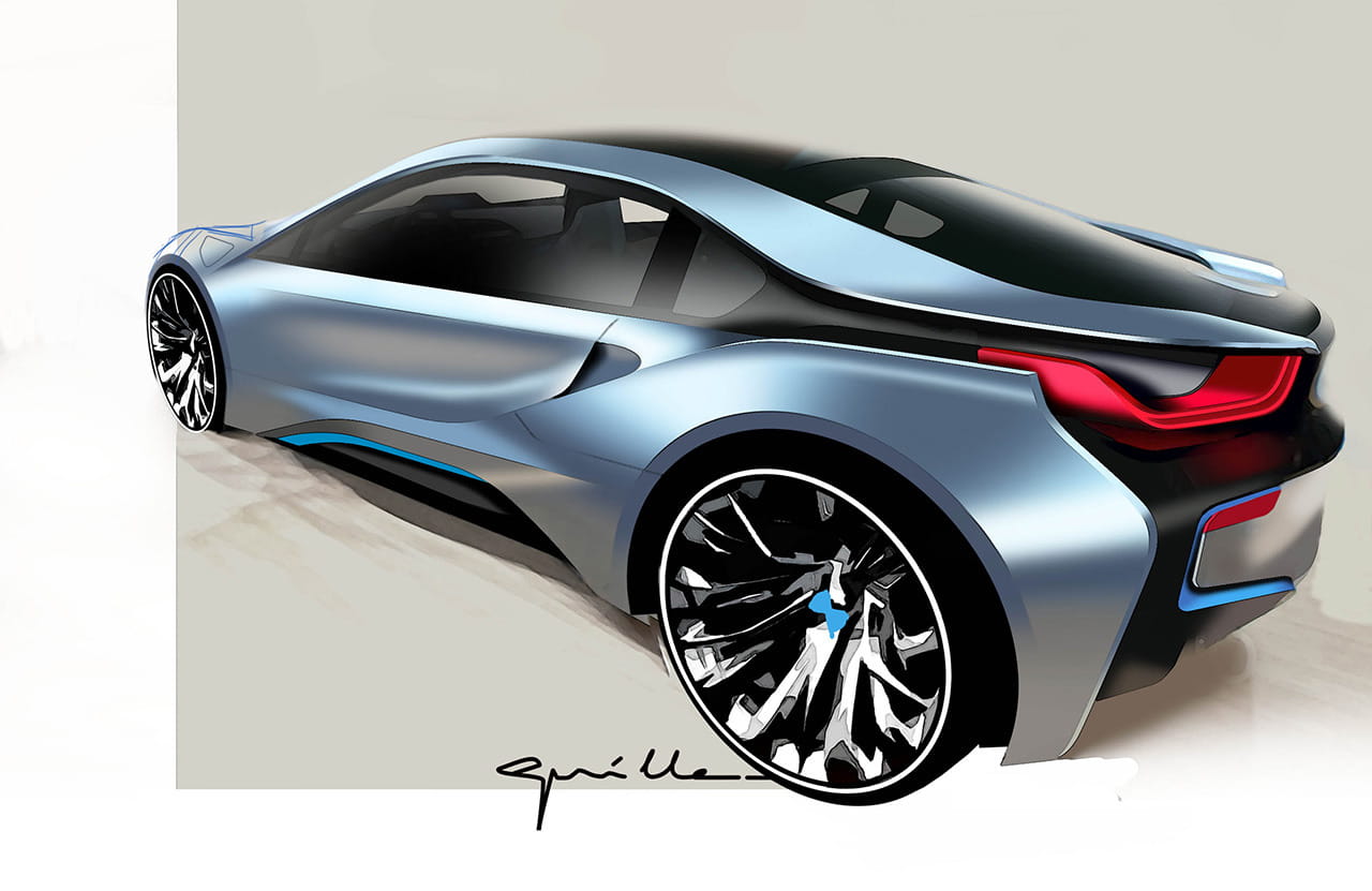 Perfil lateral del BMW i8 mostrando su diseño aerodinámico.