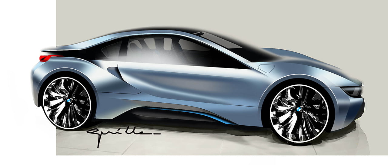 Diseño conceptual del BMW i8 mostrando su perfil aerodinámico.
