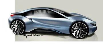 Boceto conceptual del BMW i8, destacando su línea aerodinámica y estilo moderno.