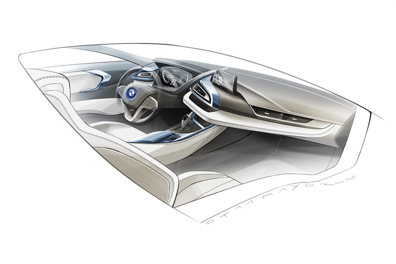 Vista lateral del impactante interior del BMW i8 con detalles futuristas.