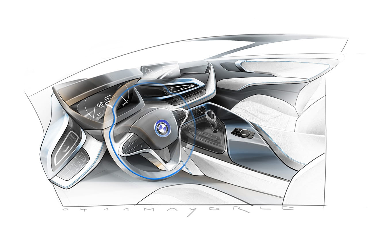 Volante multifunción del BMW i8 con su insignia característica.