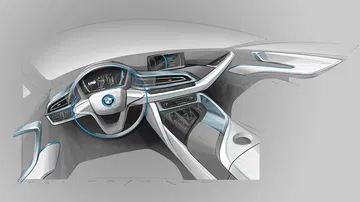 Consola futurista del BMW i8 con detalles en pantalla digital