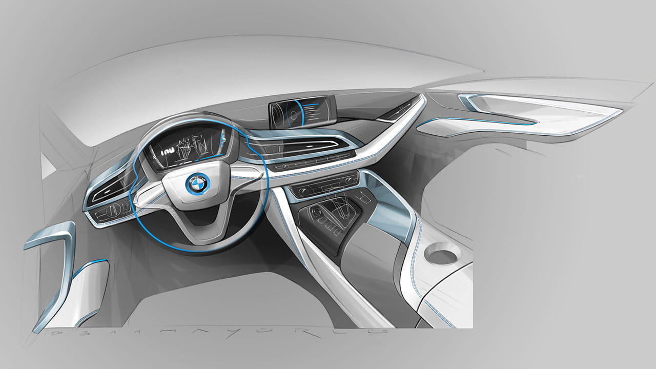 Consola futurista del BMW i8 con detalles en pantalla digital