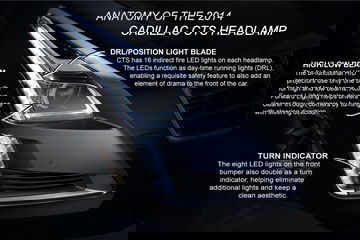 Visión detallada del faro del Cadillac CTS resaltando sus características técnicas.