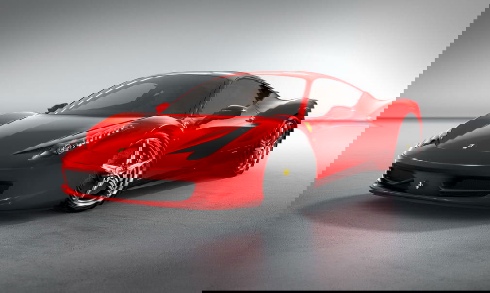 Vista lateral delantera que muestra las líneas aerodinámicas del 458 Italia.