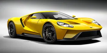 Vista lateral del Ford GT en color amarillo, destacando su aerodinámica.