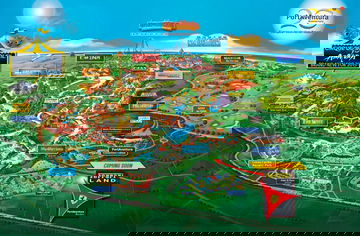 Plano detallado de Ferrari Land mostrando atracciones y servicios.
