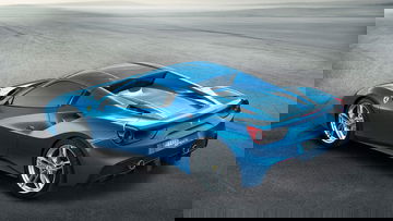Vista de tres cuartos trasera del Ferrari 488 Spider en color azul.