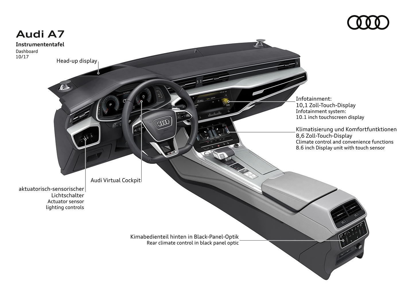 Elegante diseño de la cabina del Audi A7 Sportback con acabados de alta calidad.