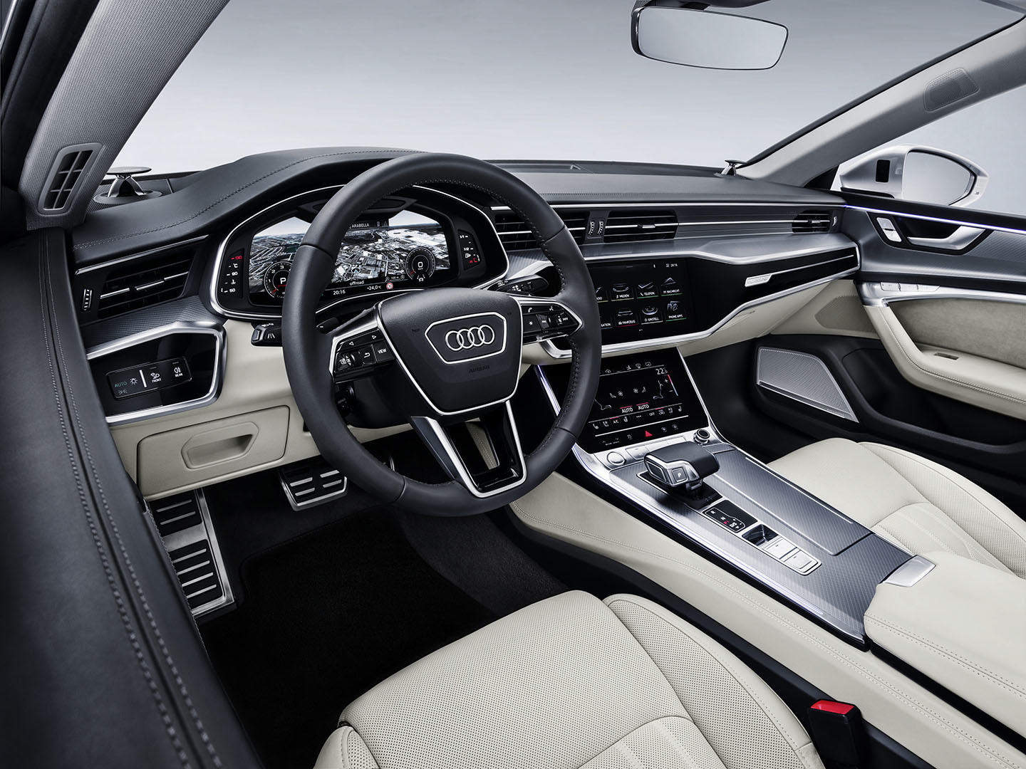 Vista de los asientos de cuero y el tablero de control sofisticado del Audi A7 Sportback.