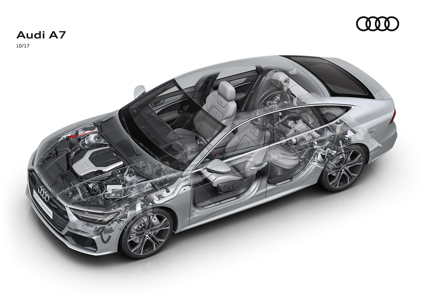 Vista técnica del habitáculo y asientos del Audi A7.