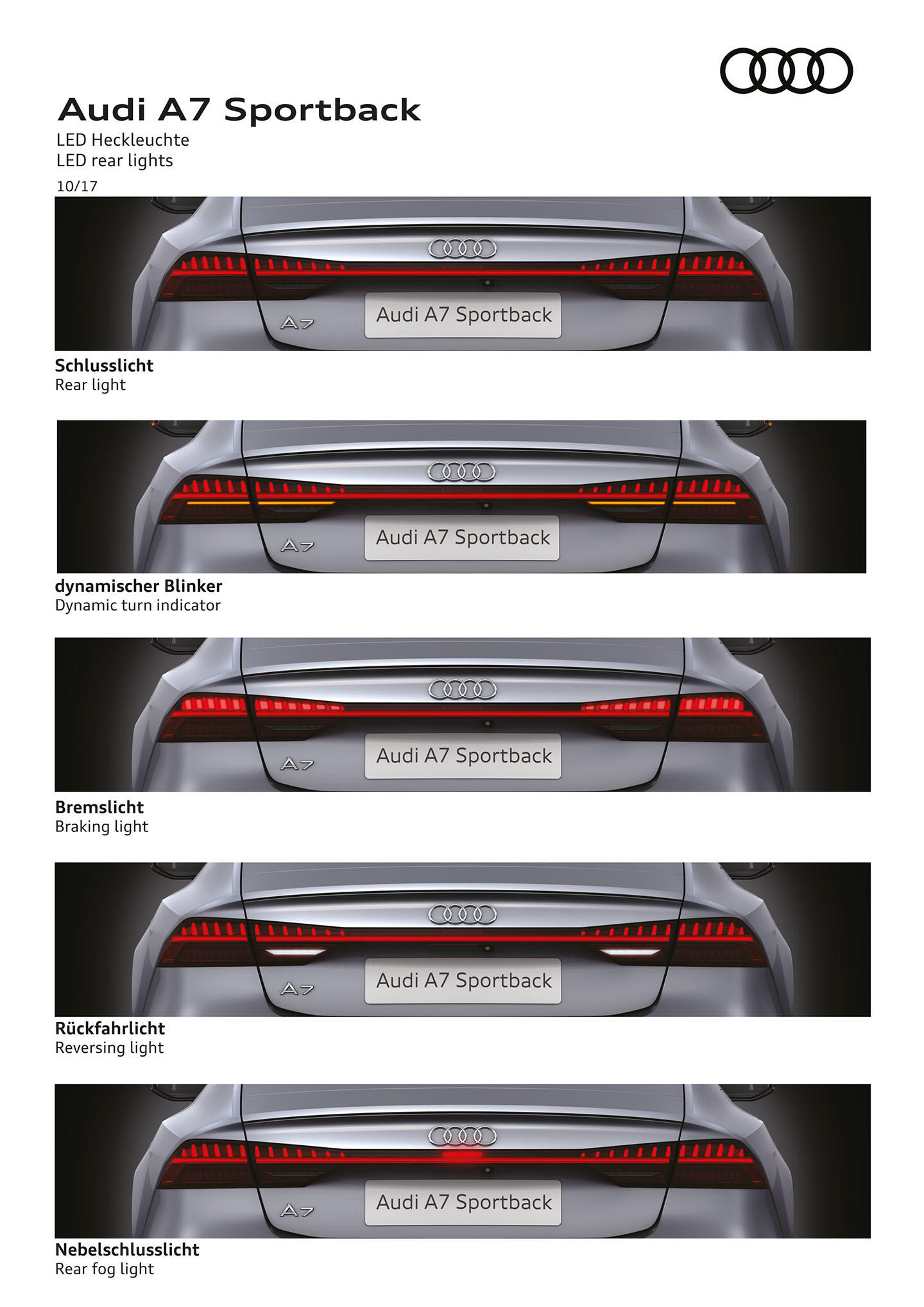 Vista trasera completa del Audi A7 Sportback, destacando su diseño elegante.