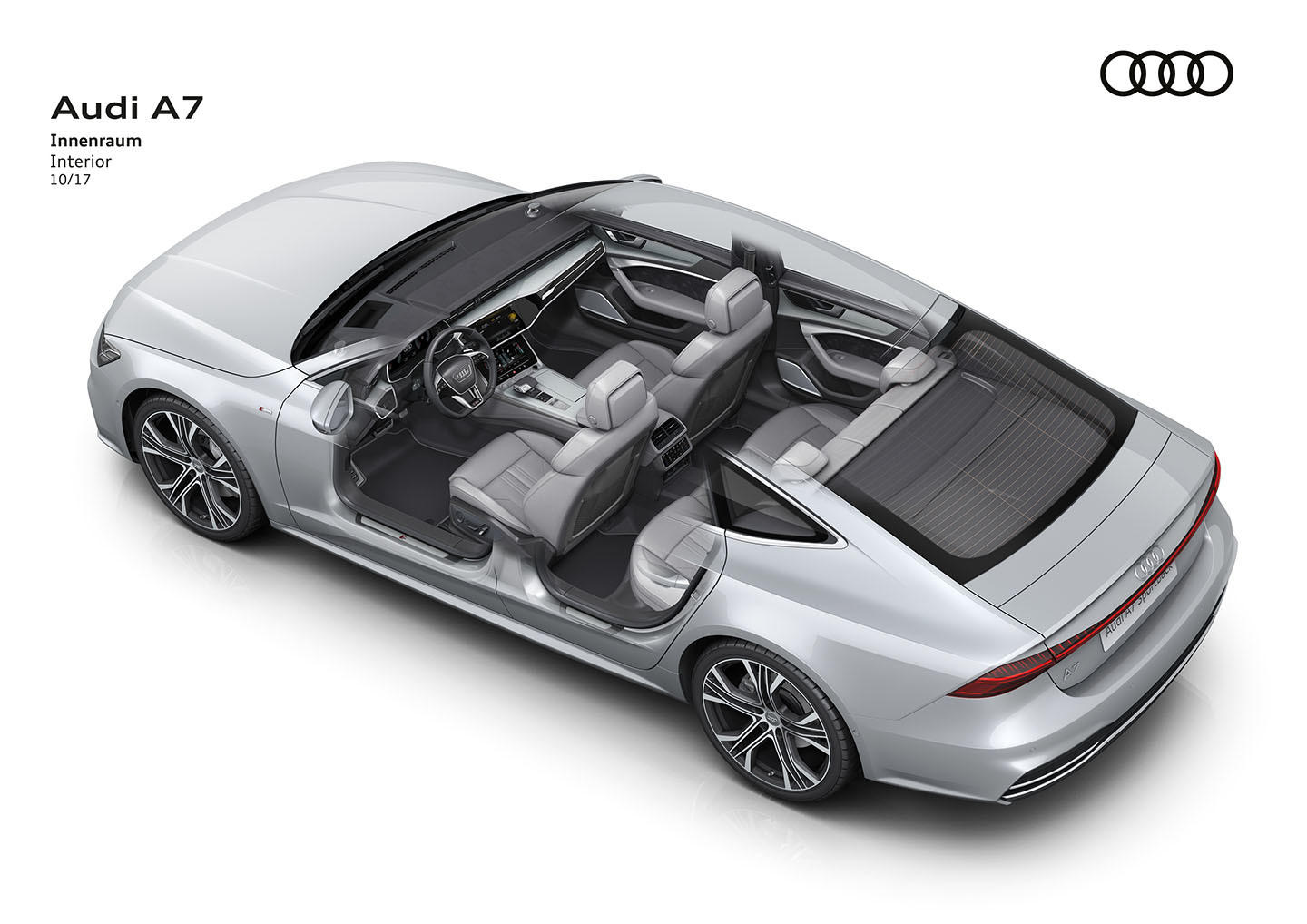 Vista superior del Audi A7 Sportback que muestra el techo panorámico y el diseño interior.