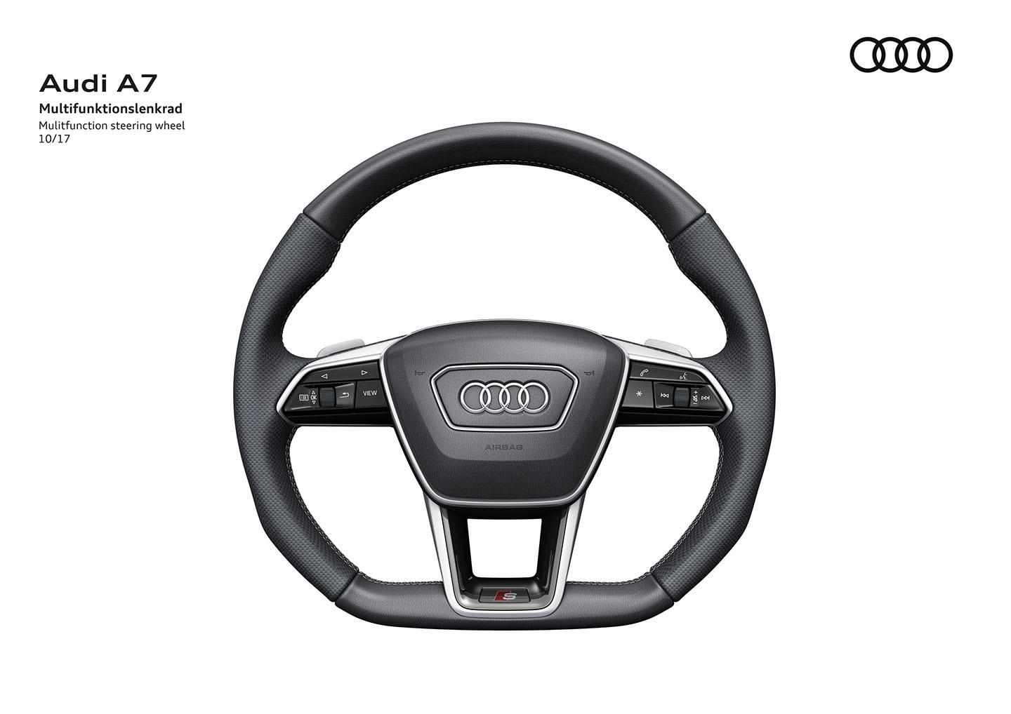 Detalle del volante del Audi A7 Sportback, muestra elegancia y funcionalidad.