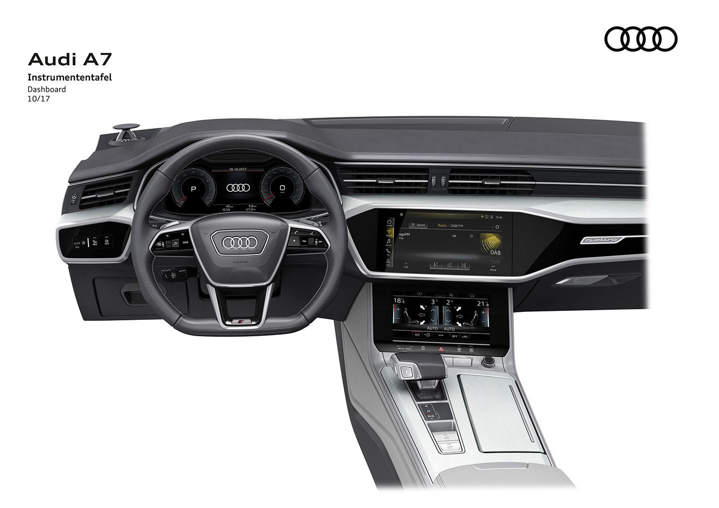Volante y consola central del Audi A7 Sportback, diseño elegante y tecnológico
