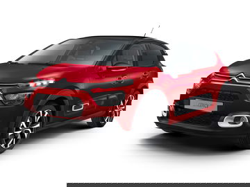 Vista frontal y lateral del Citroën C3 en color rojo, diseño moderno y compacto.