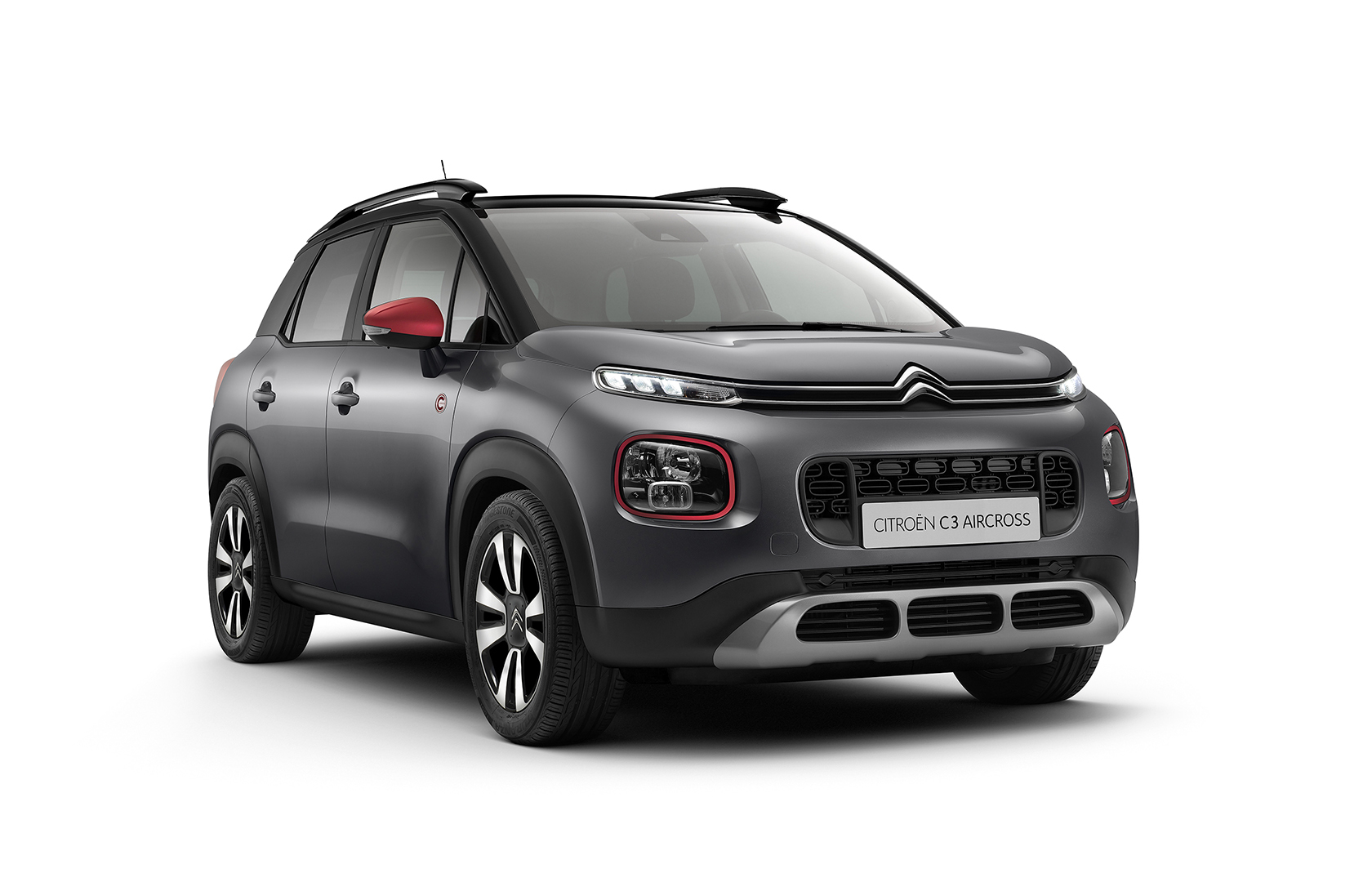 Vista angulada del Citroën C3 Aircross en elegante gris grafito.