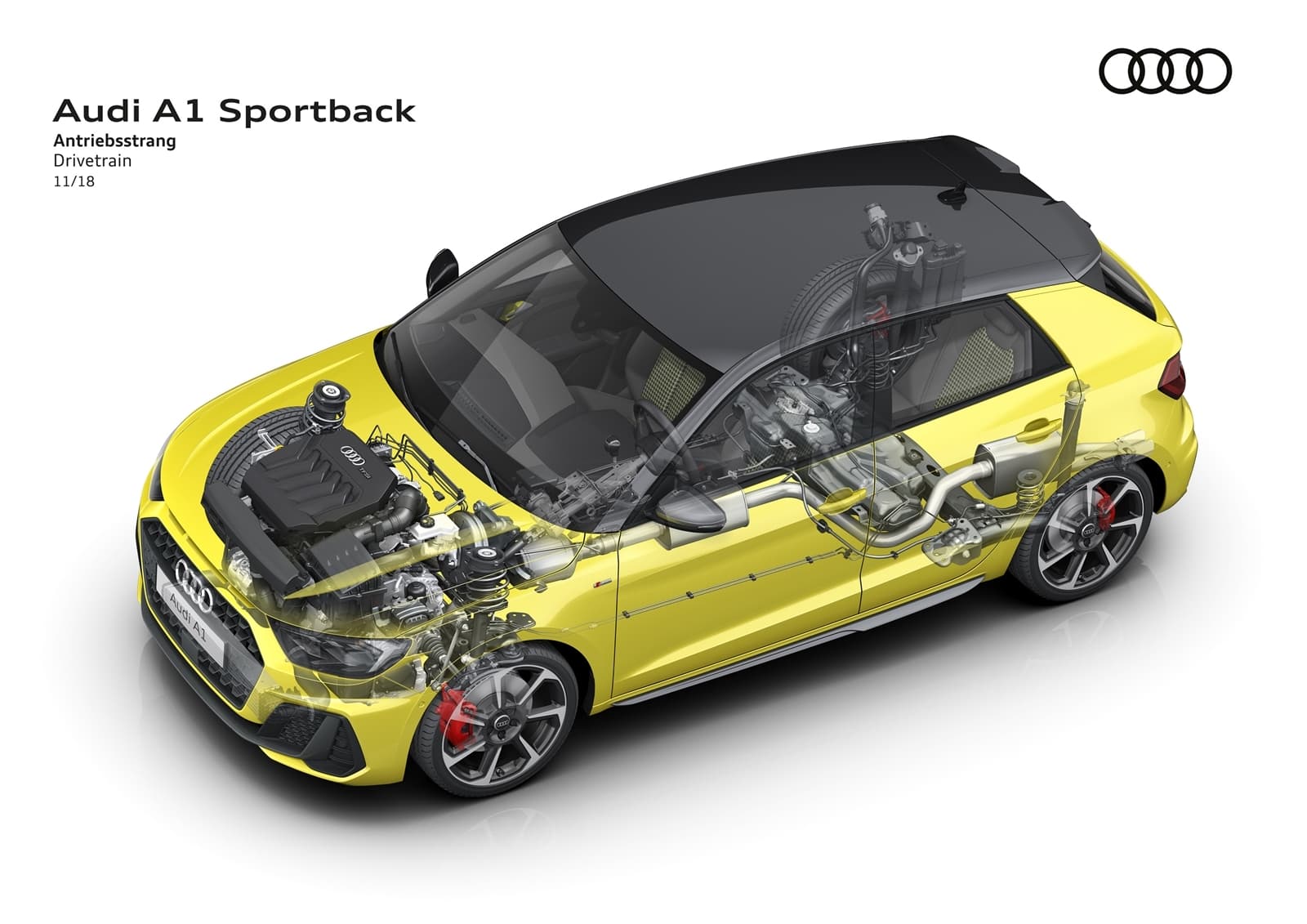 Vista lateral del Audi A1 Sportback en color amarillo con techo en contraste.