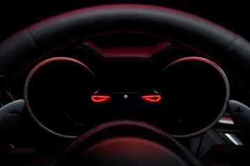 Volante deportivo con iluminación ambiental roja resaltando su diseño.