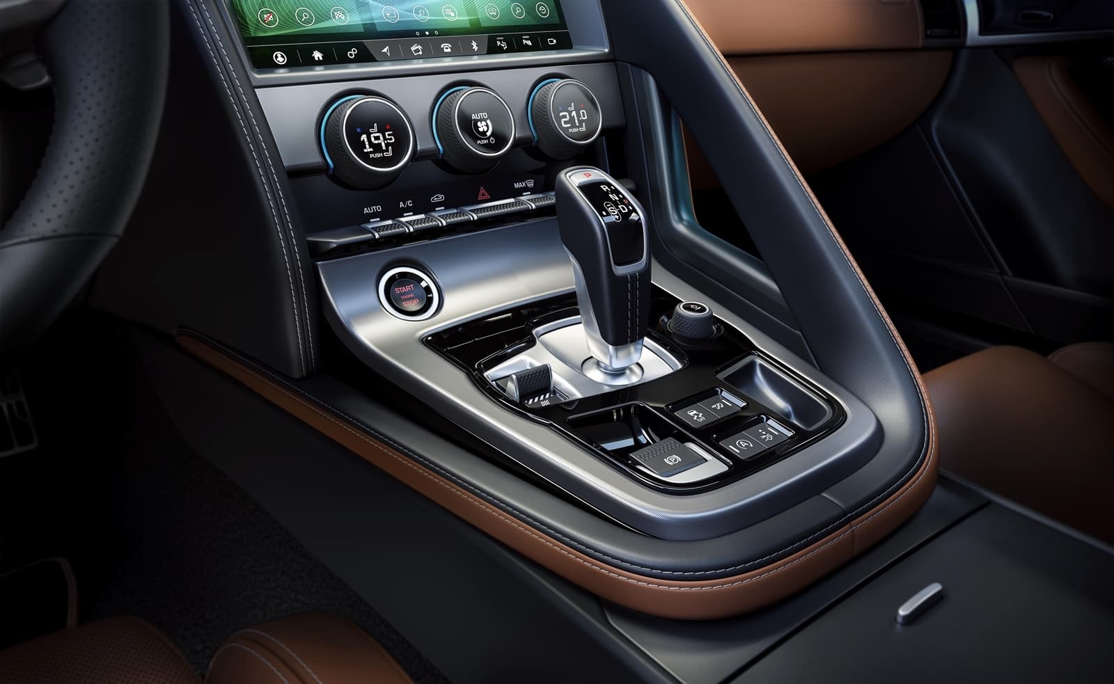 Vista de la consola central del Jaguar F-Type con acabados premium.