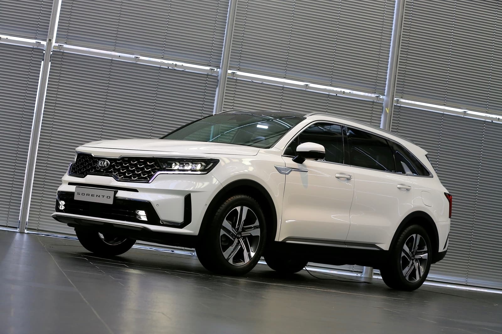 Vista lateral del Kia Sorento destacando su perfil y llantas elegantes.