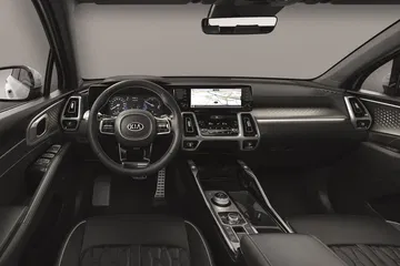 Vista del volante y consola central del Kia Sorento, destacando su ergonomía y diseño.