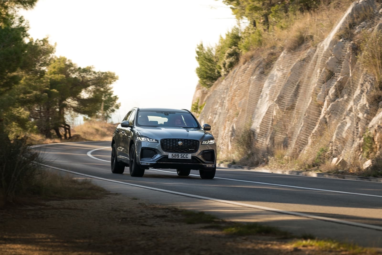 Vista dinámica del Jaguar F-PACE en acción sobre carretera asfaltada.