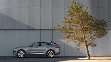 Vista lateral del Jaguar F-PACE aparcado frente a una pared moderna con un árbol al lado.
