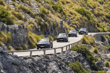 La fila de CUPRA Formentor muestra su diseño lateral en un entorno montañoso.