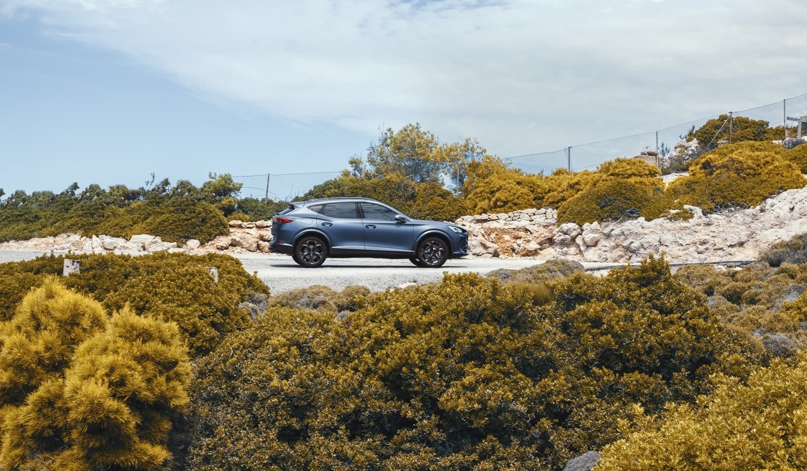 CUPRA Formentor exhibiendo su diseño lateral en un entorno natural.