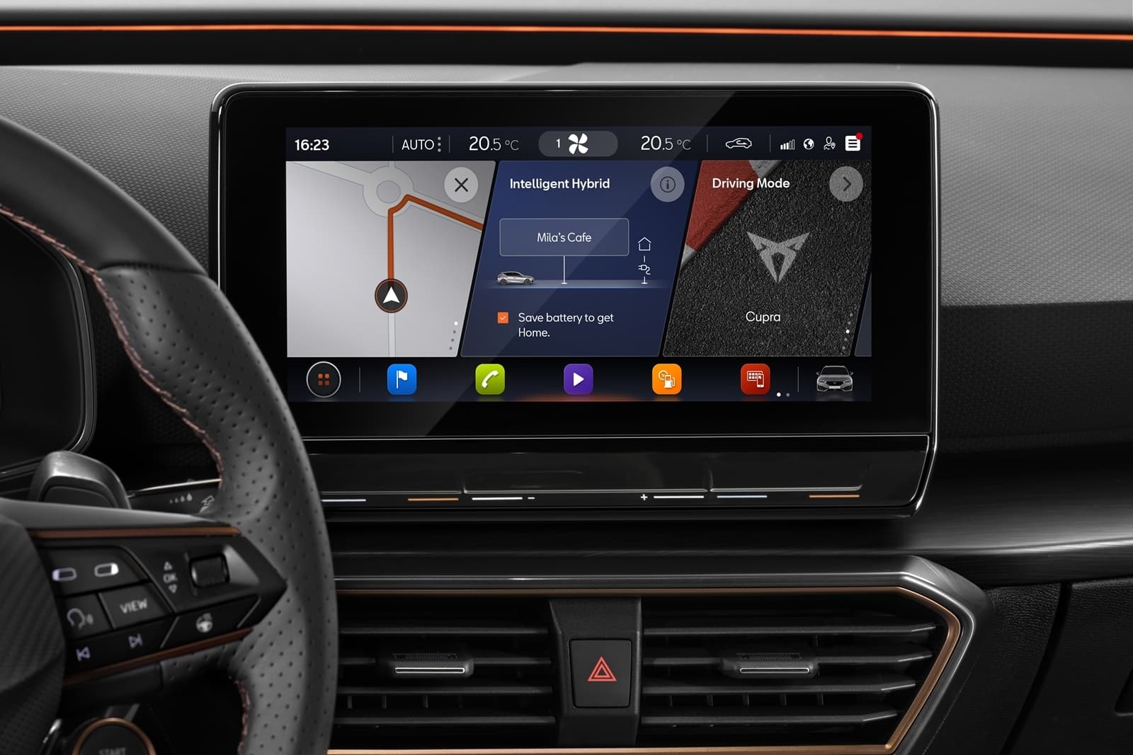 Vista del sistema de infotainment del CUPRA León con pantalla táctil.