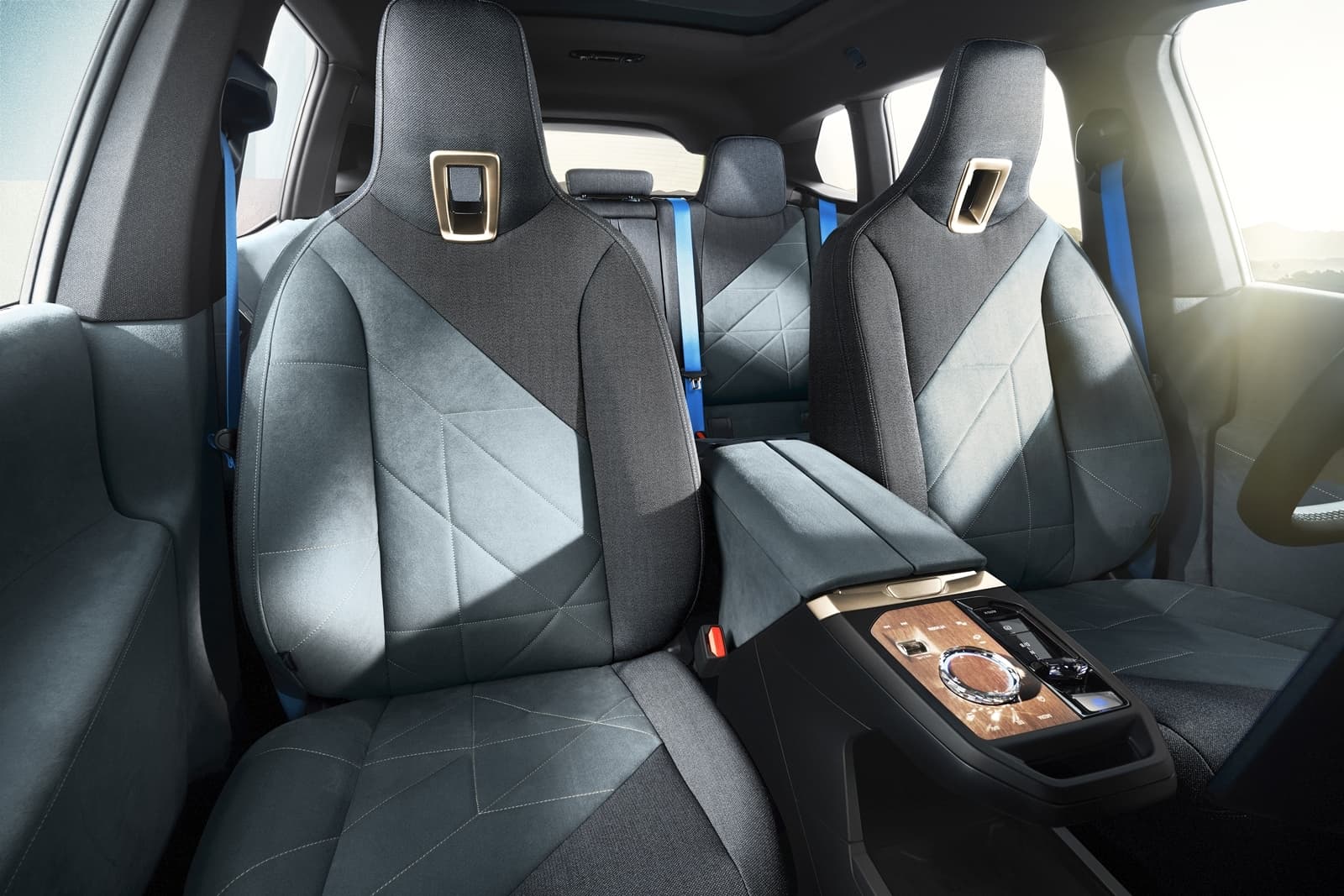Vista de los asientos traseros de lujo del BMW iX, destacando su confort y diseño moderno.