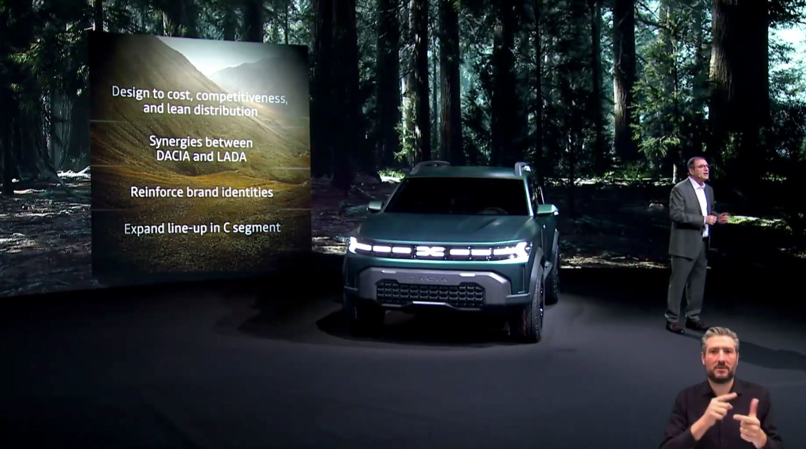 Vista delantera y lateral del Dacia Bigster en presentación oficial.