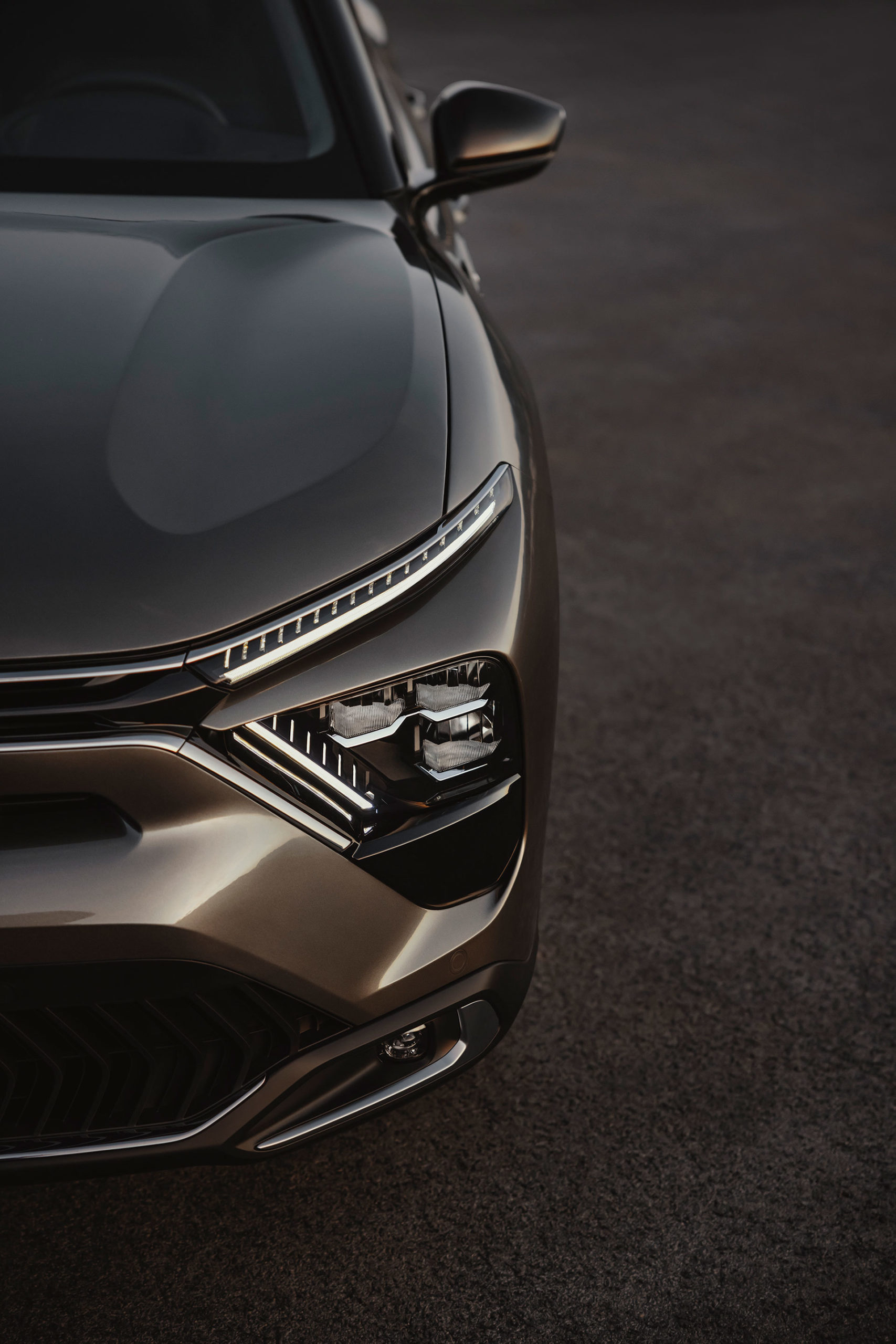 Vista en detalle de las luces diurnas LED y parrilla del Citroën C5 X.