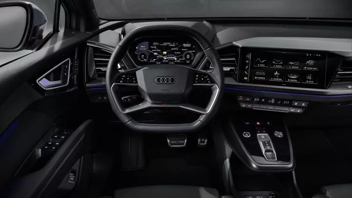 Vista del volante y la consola central del Audi Q4 e-tron.
